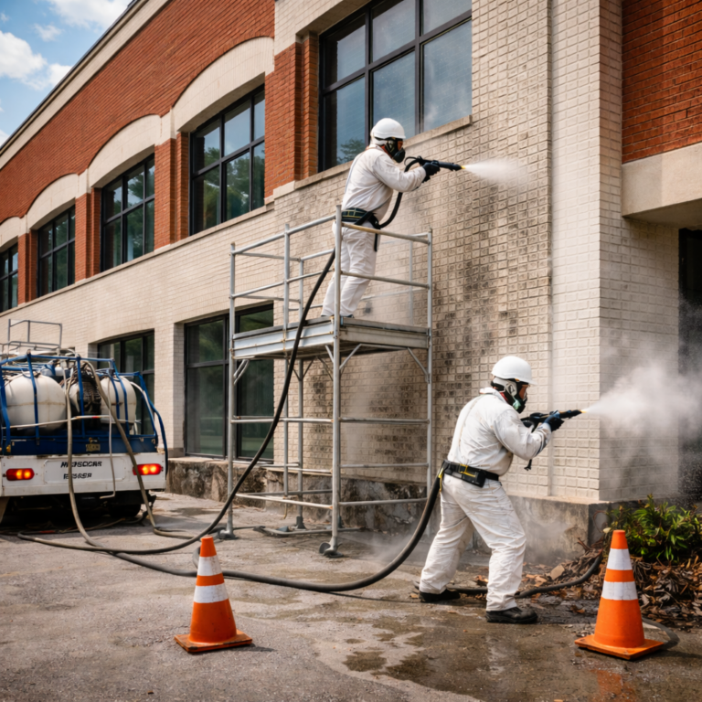 Professional media blasting crew cleaning the exterior brick wall of a commercial building using mobile blasting equipment.