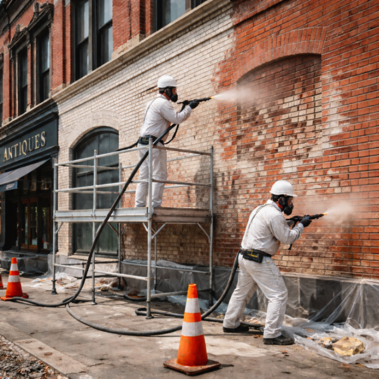 Professional SiCom Media Blasting crew removing paint from historic red brick building using mobile media blasting equipment and scaffolding.