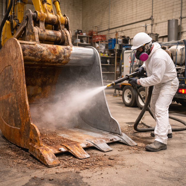 Technician removing rust from heavy industrial excavator bucket using professional media blasting equipment.