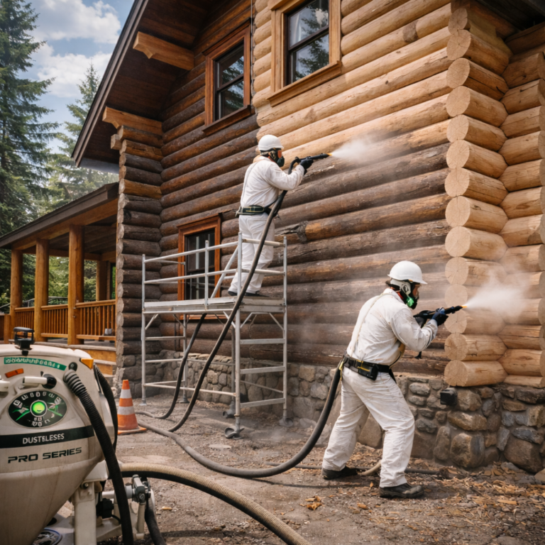 Professional crew performing log home media blasting to remove old stain and restore natural wood on a large log cabin.