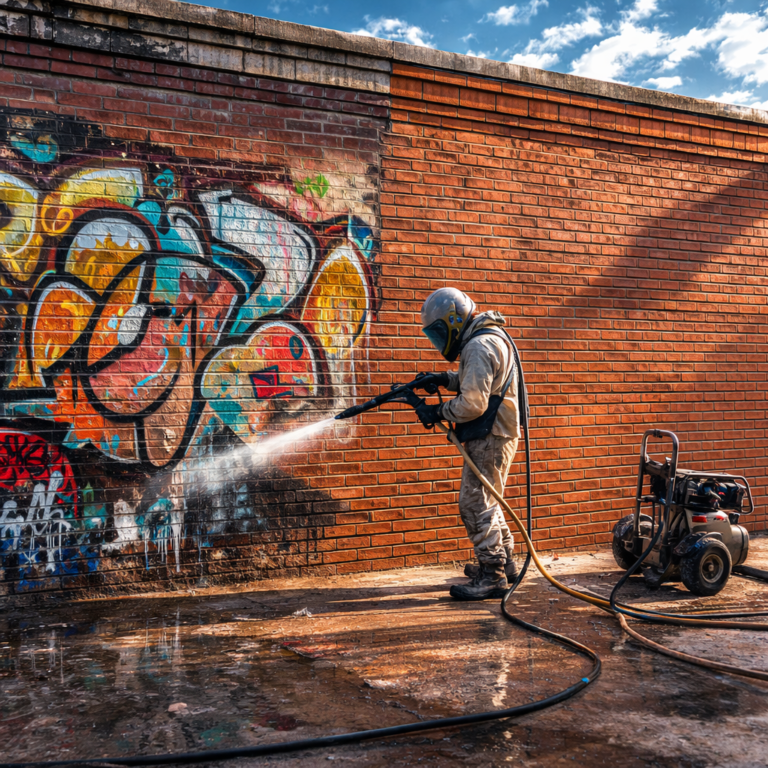 Worker using professional media blasting equipment to remove graffiti from a brick wall during a commercial graffiti removal project.