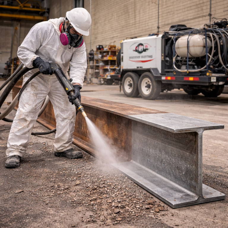 Technician performing steel surface preparation using media blasting to clean and restore a large industrial steel I-beam.